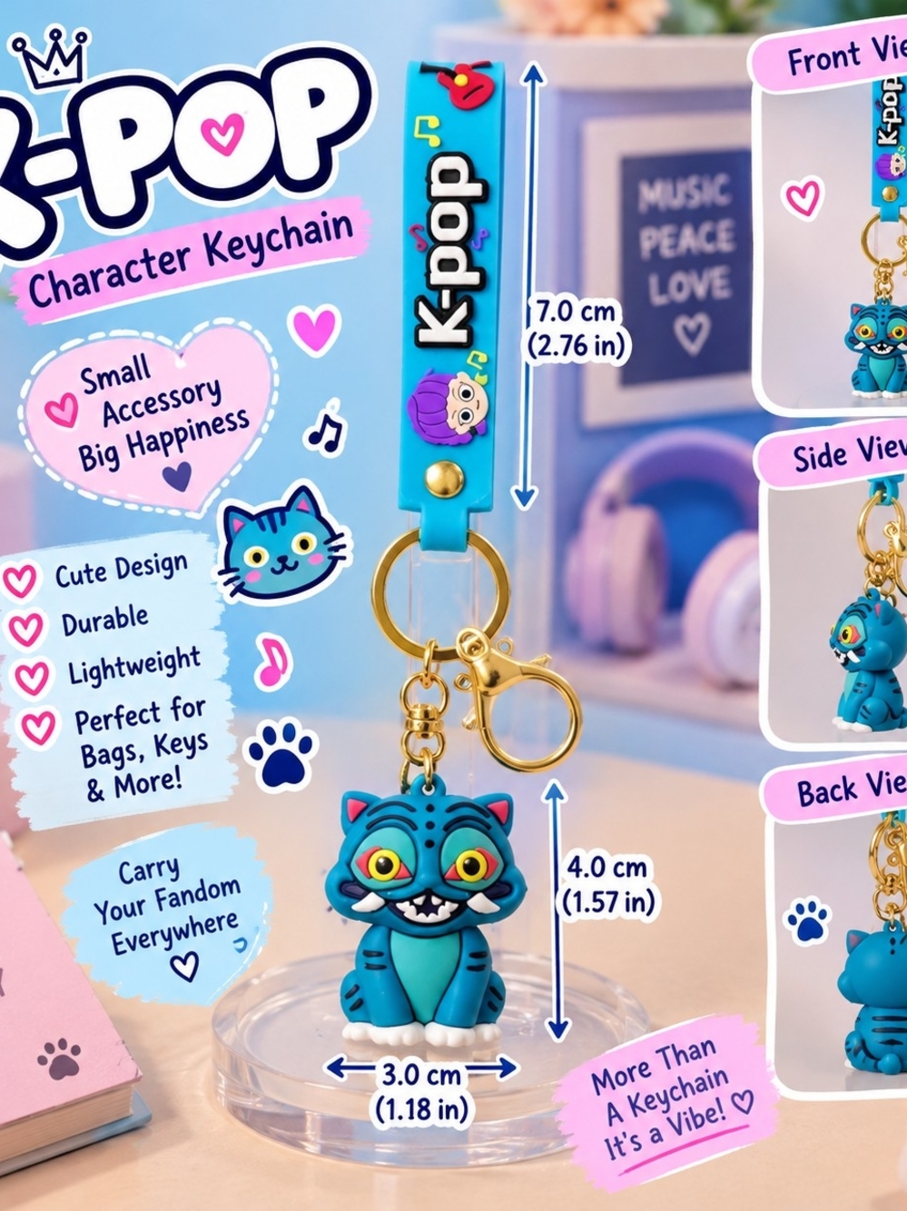 pop Blue Cat Character Keychain with Gold Hardware